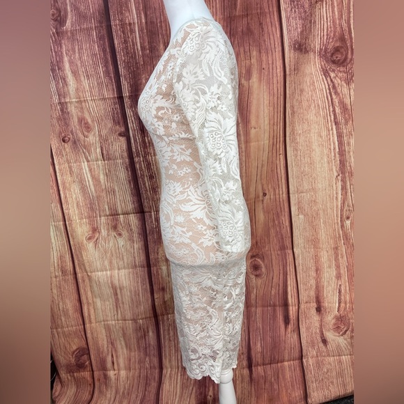 Kimcine off white nude lined 3/4 sleeve V-neck fitted stretch dress women’s S - Picture 5 of 17